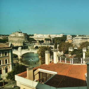 Walking up to this view of the Vatican & Castel santAngelo in Rome. Preparing for our group and working thru the jet lag today.